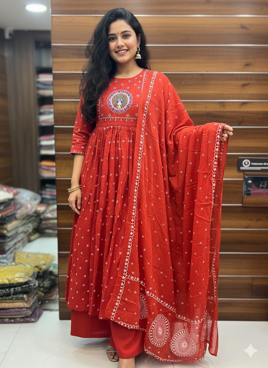 Red Peacock A-Line kurta set