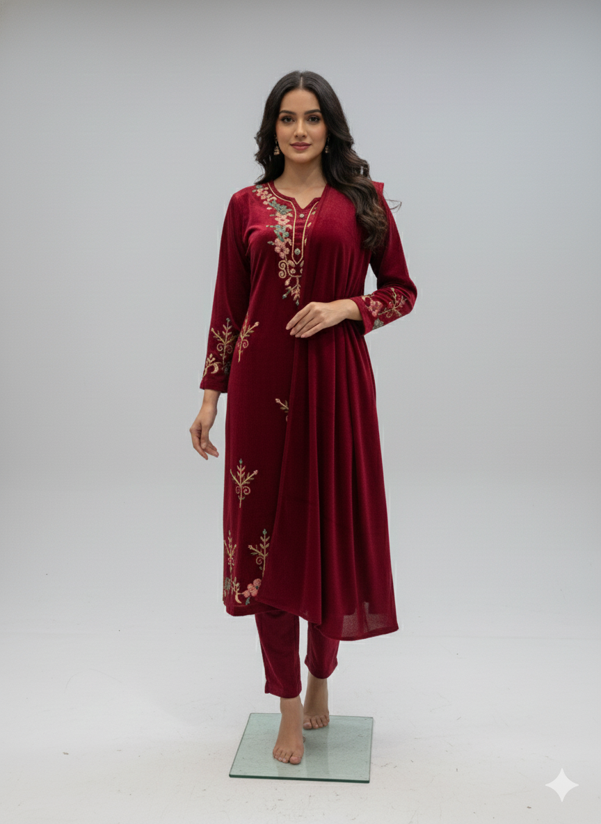 Red Velvet Suit With Mirror Work