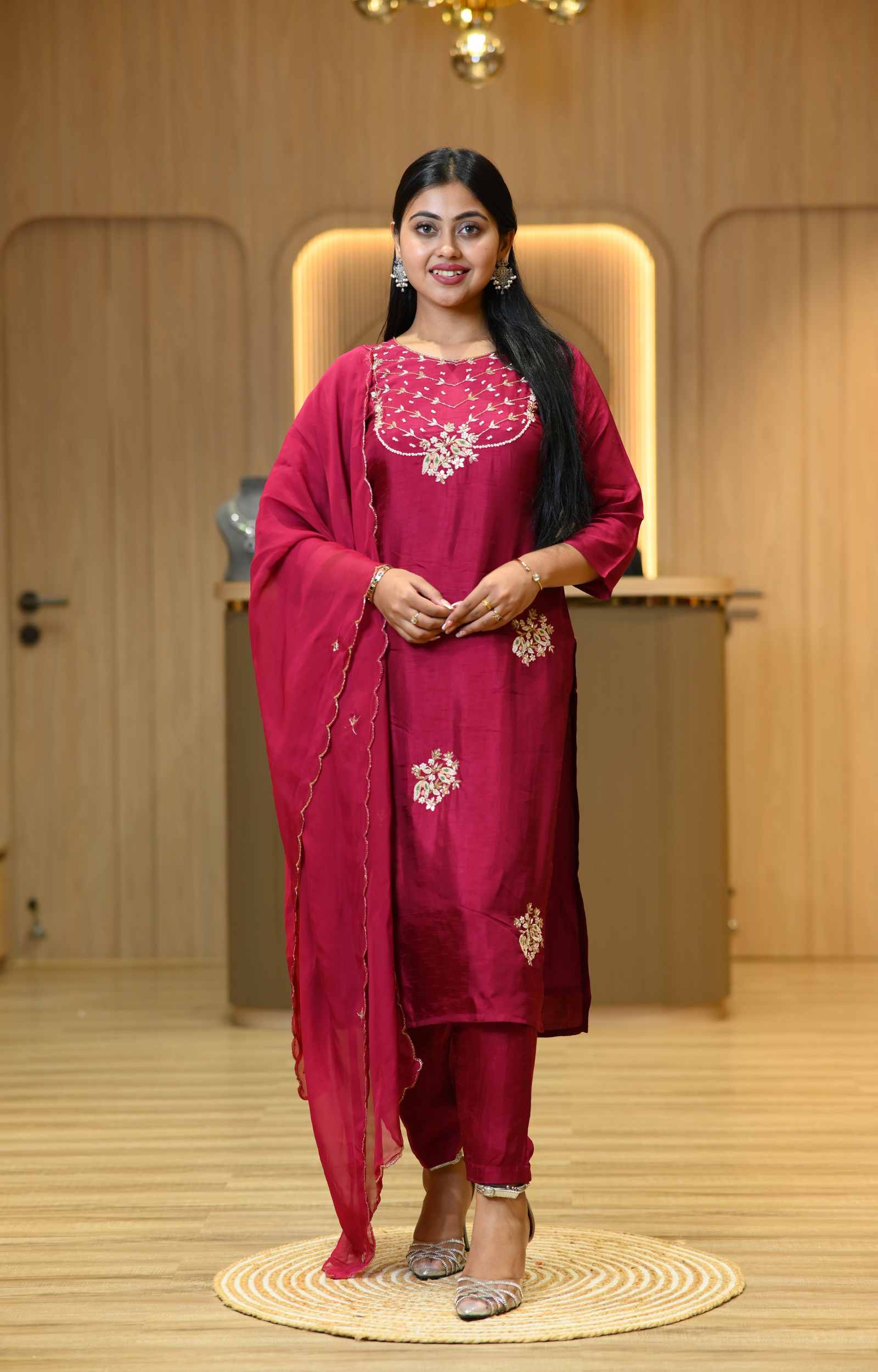 Magenta Embroidery Silk Kurta Set
