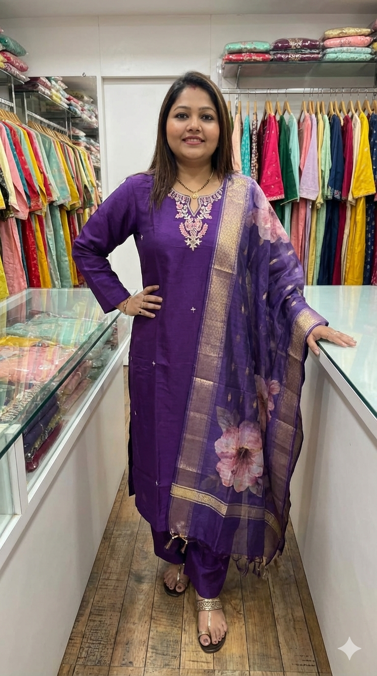 Purple Hand Work Silk Kurta Set