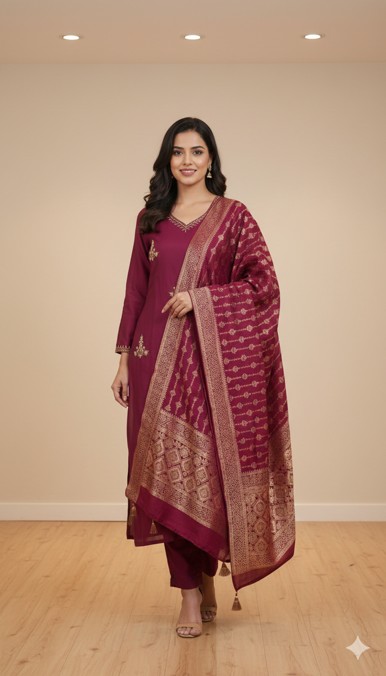 V Neck Kurti With Banarasi Dupatta Set