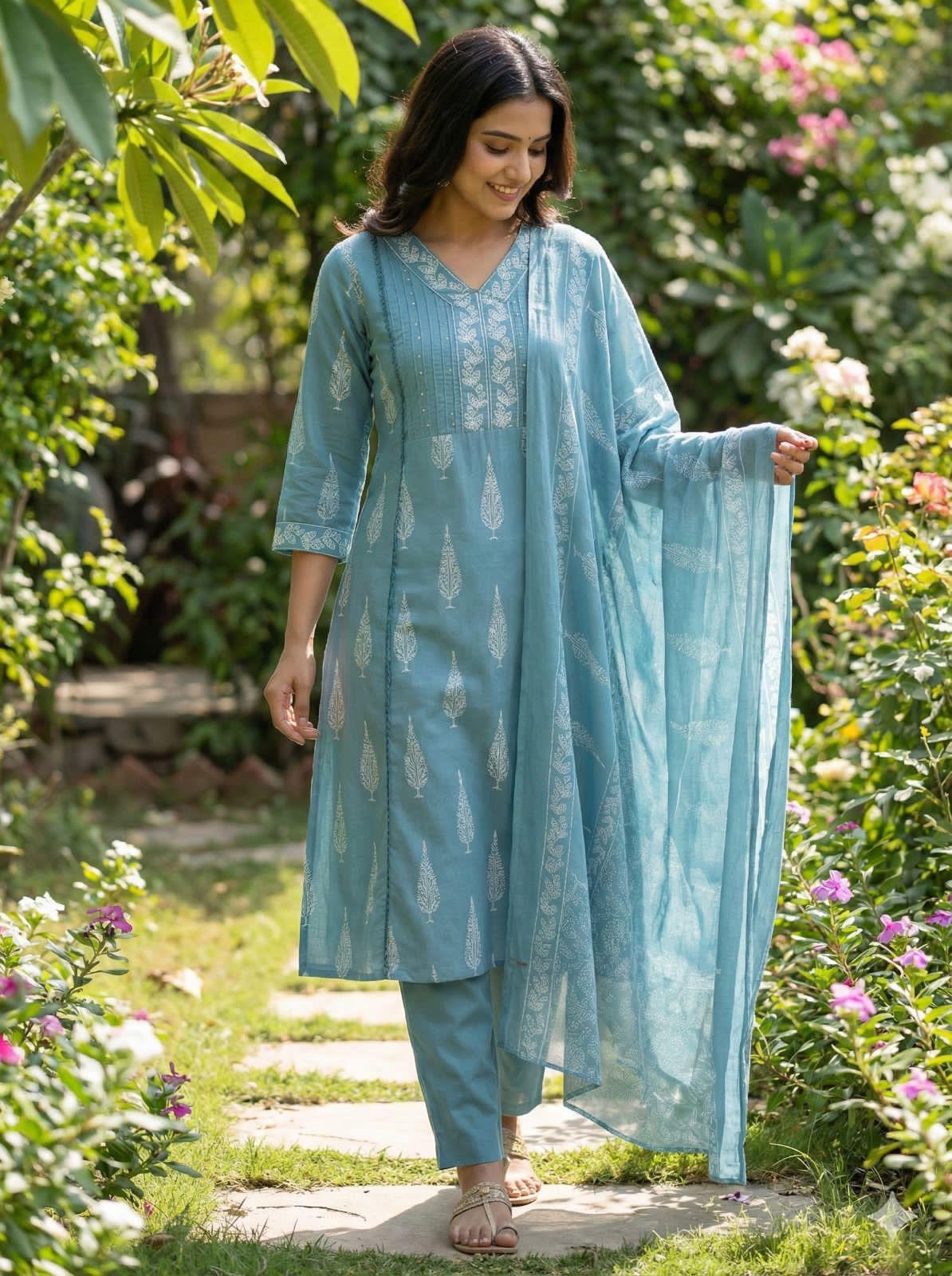 Sky Embroider Cotton A-line Suit