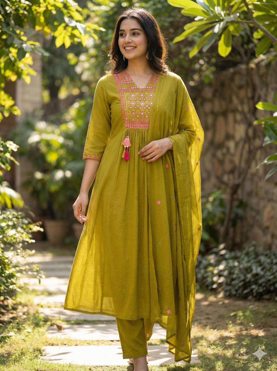 Rust/ Green A-Line Designer Suit With Embroidery Work