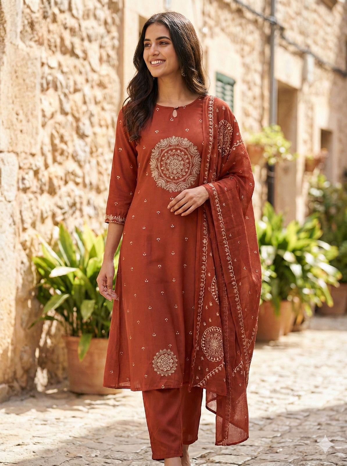 Rust/ Blue Embroidered A-line Suit