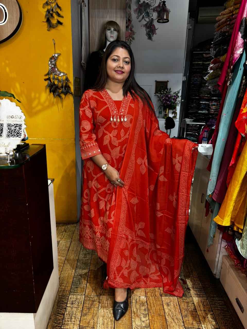 Red Staight Cut Kurti Set