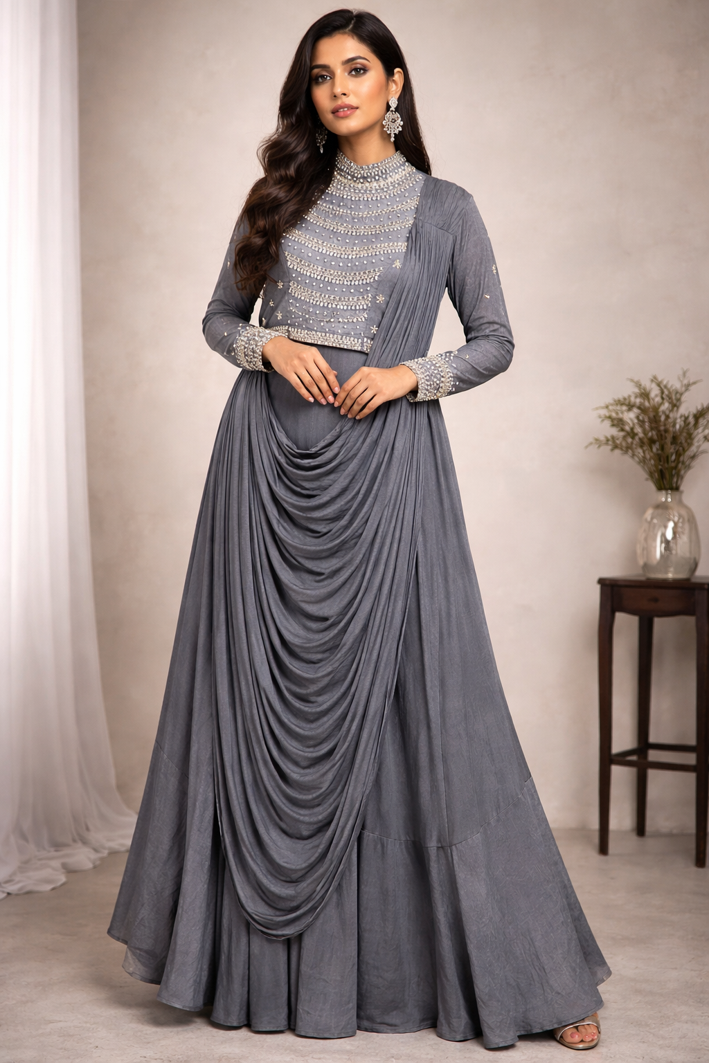 Grey Draping Saree With Designer Blouse