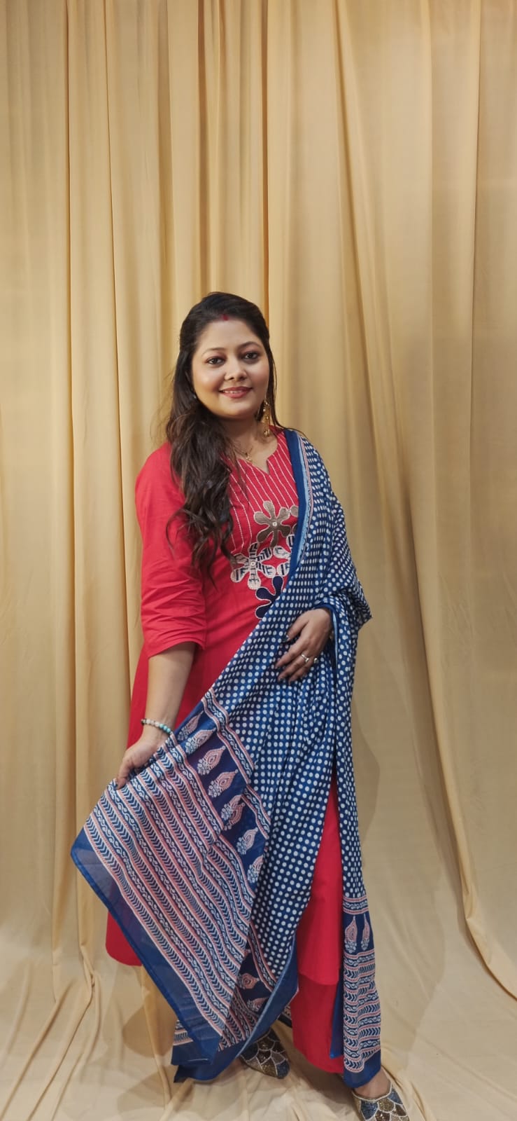 Pure Cotton Red Suit With Contrast Dupatta