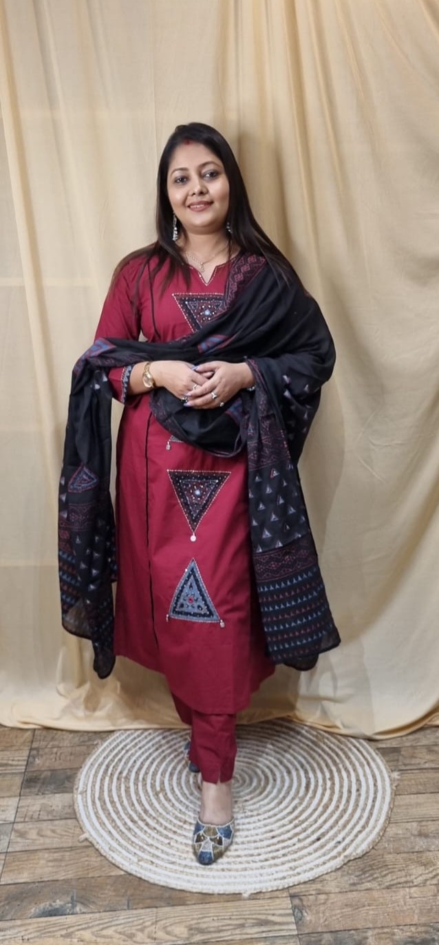 Cotton Designer Suit With Katha Stich