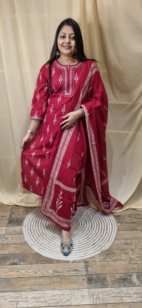 Red Cotton Straight Cut Suit